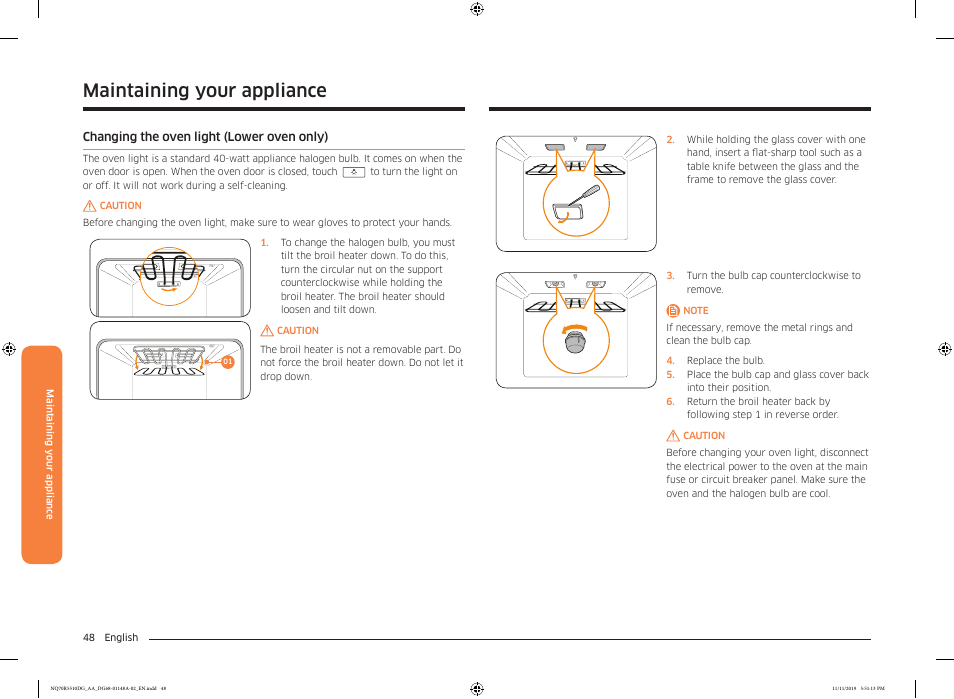 Changing the oven light (lower oven only), Maintaining your appliance | Samsung 30 Inch Microwave Combination Smart Wall Oven Owner Manual User Manual | Page 48 / 180