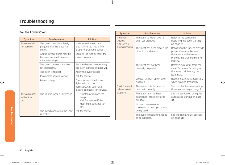 For the lower oven, Troubleshooting | Samsung 30 Inch Microwave Combination Smart Wall Oven Owner Manual User Manual | Page 52 / 180