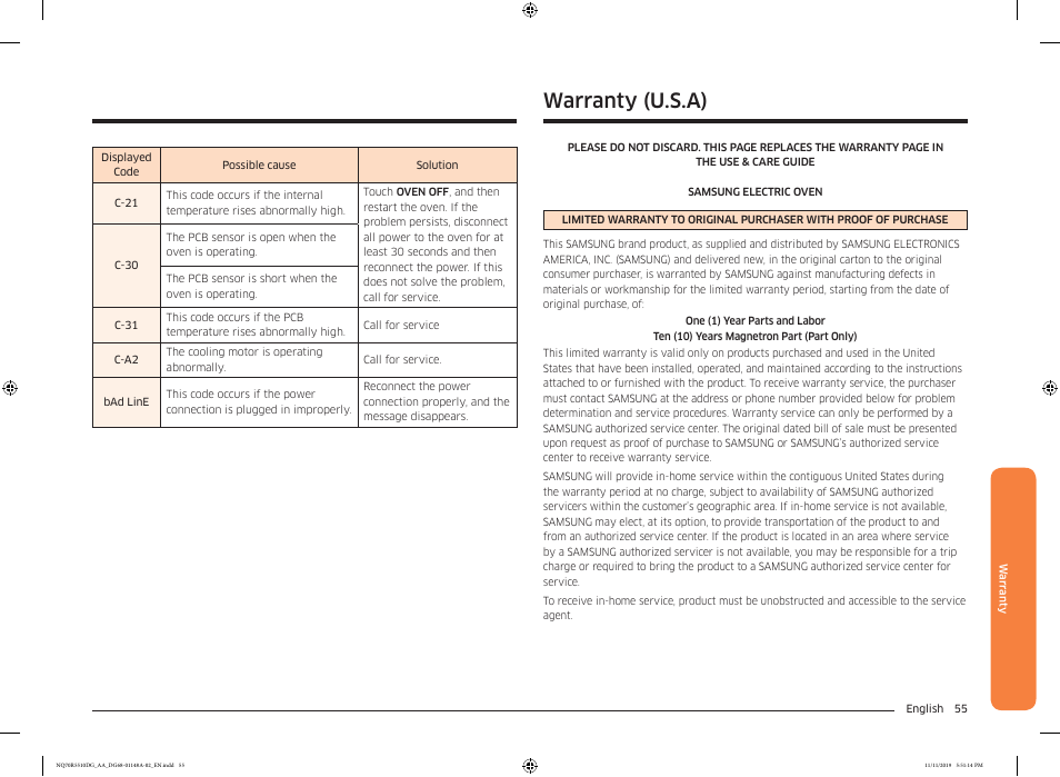Warranty (u.s.a) | Samsung 30 Inch Microwave Combination Smart Wall Oven Owner Manual User Manual | Page 55 / 180