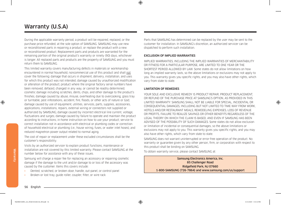 Warranty, Warranty (u.s.a) | Samsung 30 Inch Microwave Combination Smart Wall Oven Owner Manual User Manual | Page 56 / 180