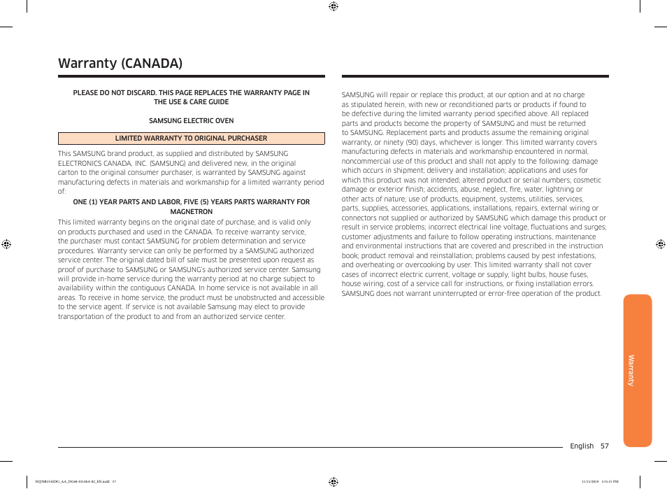 Warranty (canada) | Samsung 30 Inch Microwave Combination Smart Wall Oven Owner Manual User Manual | Page 57 / 180