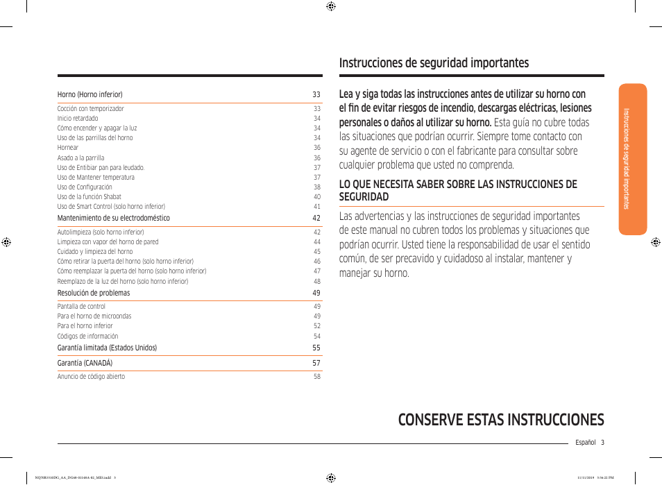 Instrucciones de seguridad importantes, Conserve estas instrucciones | Samsung 30 Inch Microwave Combination Smart Wall Oven Owner Manual User Manual | Page 63 / 180