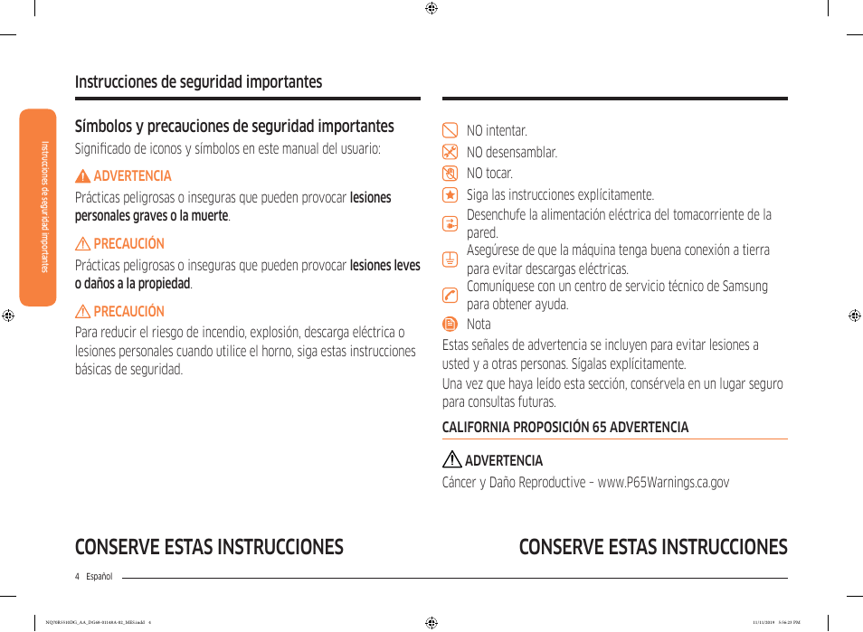Conserve estas instrucciones, Instrucciones de seguridad importantes, Símbolos y precauciones de seguridad importantes | Samsung 30 Inch Microwave Combination Smart Wall Oven Owner Manual User Manual | Page 64 / 180