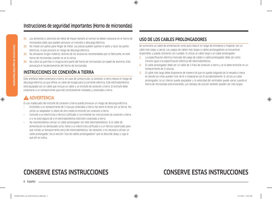 Conserve estas instrucciones, Instrucciones de seguridad importantes, Uso de los cables prolongadores | Instrucciones de conexión a tierra, Advertencia | Samsung 30 Inch Microwave Combination Smart Wall Oven Owner Manual User Manual | Page 66 / 180