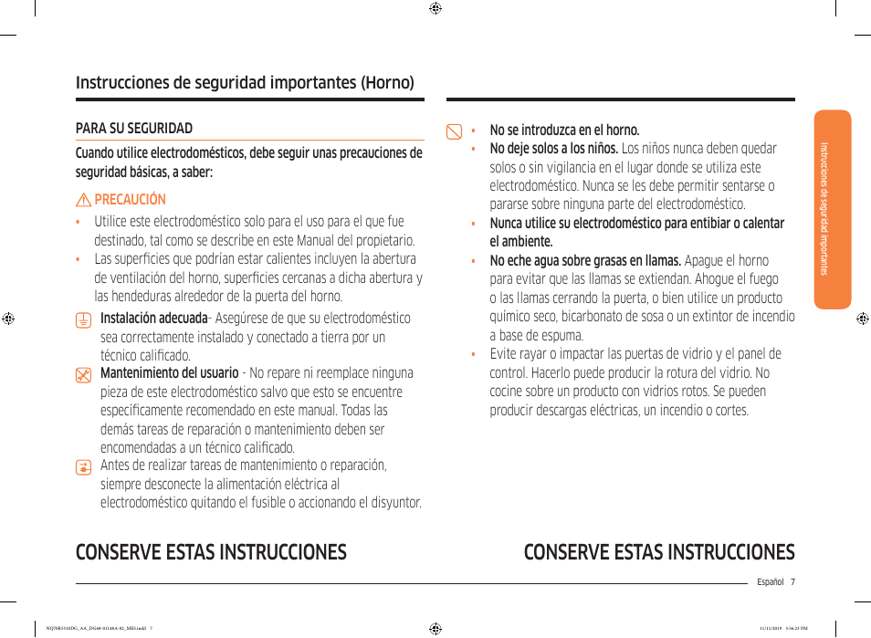 Conserve estas instrucciones, Instrucciones de seguridad importantes (horno) | Samsung 30 Inch Microwave Combination Smart Wall Oven Owner Manual User Manual | Page 67 / 180