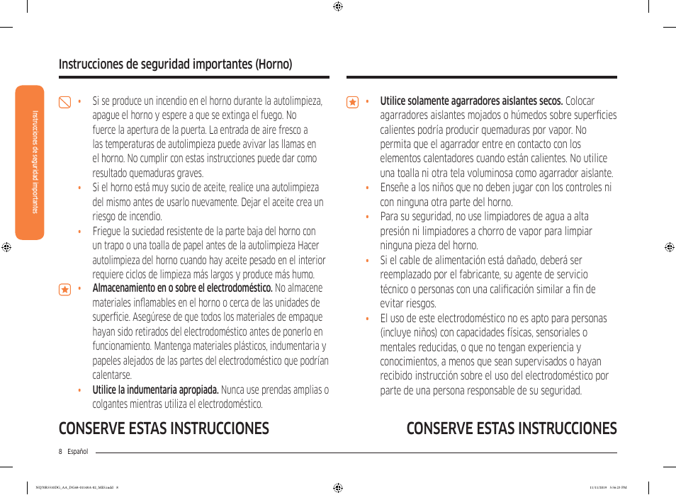 Conserve estas instrucciones, Instrucciones de seguridad importantes, Instrucciones de seguridad importantes (horno) | Samsung 30 Inch Microwave Combination Smart Wall Oven Owner Manual User Manual | Page 68 / 180