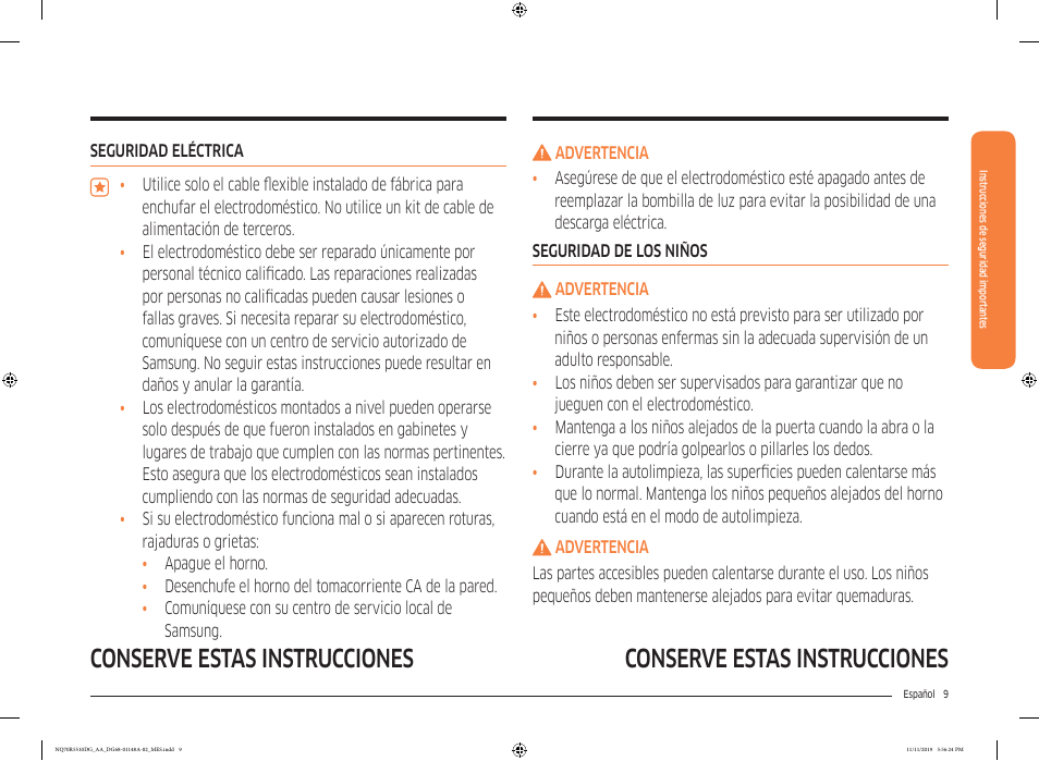 Conserve estas instrucciones | Samsung 30 Inch Microwave Combination Smart Wall Oven Owner Manual User Manual | Page 69 / 180