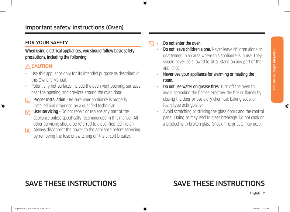 Save these instructions, Important safety instructions (oven) | Samsung 30 Inch Microwave Combination Smart Wall Oven Owner Manual User Manual | Page 7 / 180
