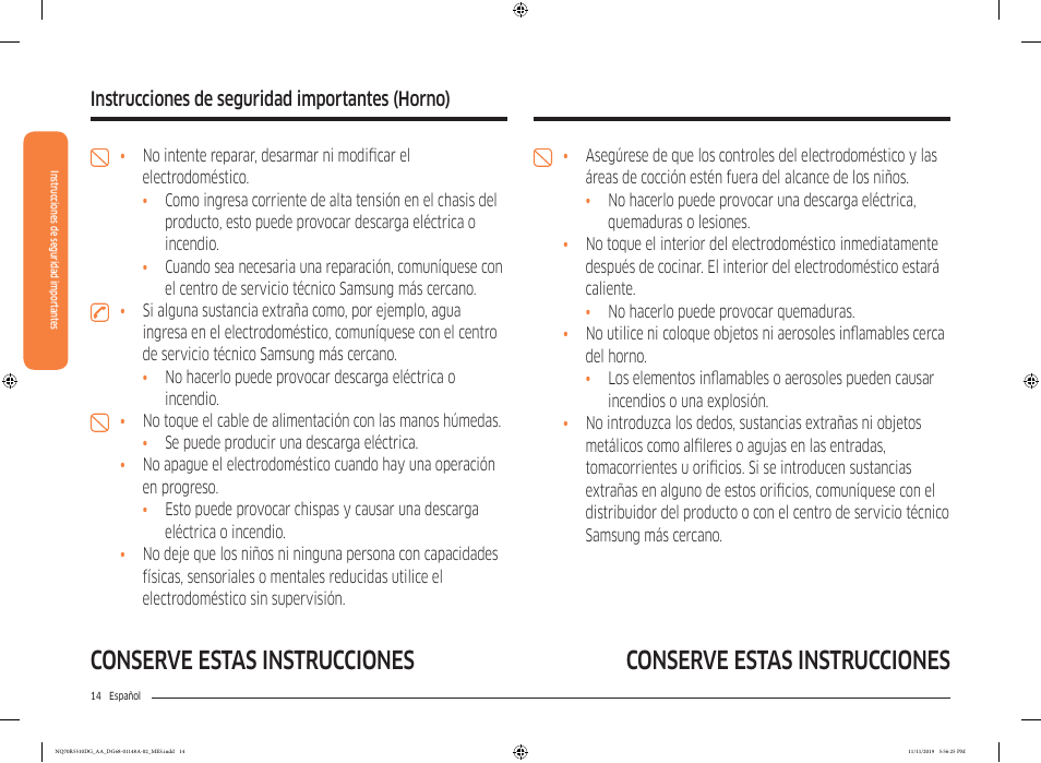 Conserve estas instrucciones, Instrucciones de seguridad importantes, Instrucciones de seguridad importantes (horno) | Samsung 30 Inch Microwave Combination Smart Wall Oven Owner Manual User Manual | Page 74 / 180