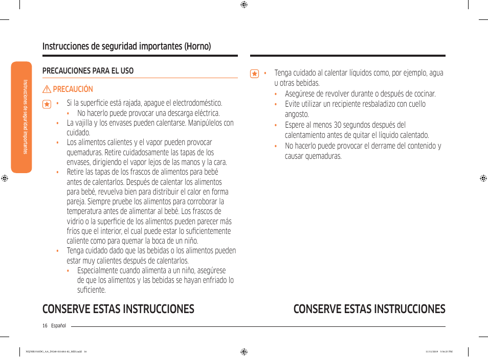 Conserve estas instrucciones, Instrucciones de seguridad importantes, Instrucciones de seguridad importantes (horno) | Samsung 30 Inch Microwave Combination Smart Wall Oven Owner Manual User Manual | Page 76 / 180