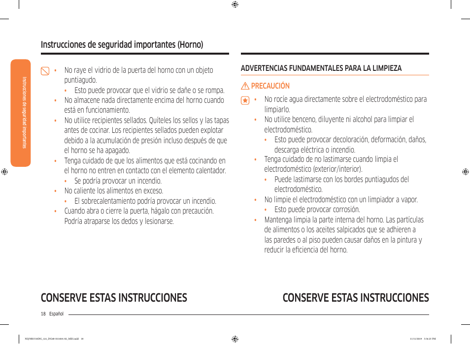 Conserve estas instrucciones, Instrucciones de seguridad importantes, Instrucciones de seguridad importantes (horno) | Samsung 30 Inch Microwave Combination Smart Wall Oven Owner Manual User Manual | Page 78 / 180