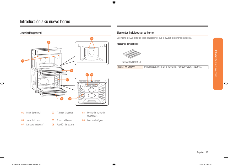 Introducción a su nuevo horno, Descripción general, Elementos incluidos con su horno | Samsung 30 Inch Microwave Combination Smart Wall Oven Owner Manual User Manual | Page 79 / 180