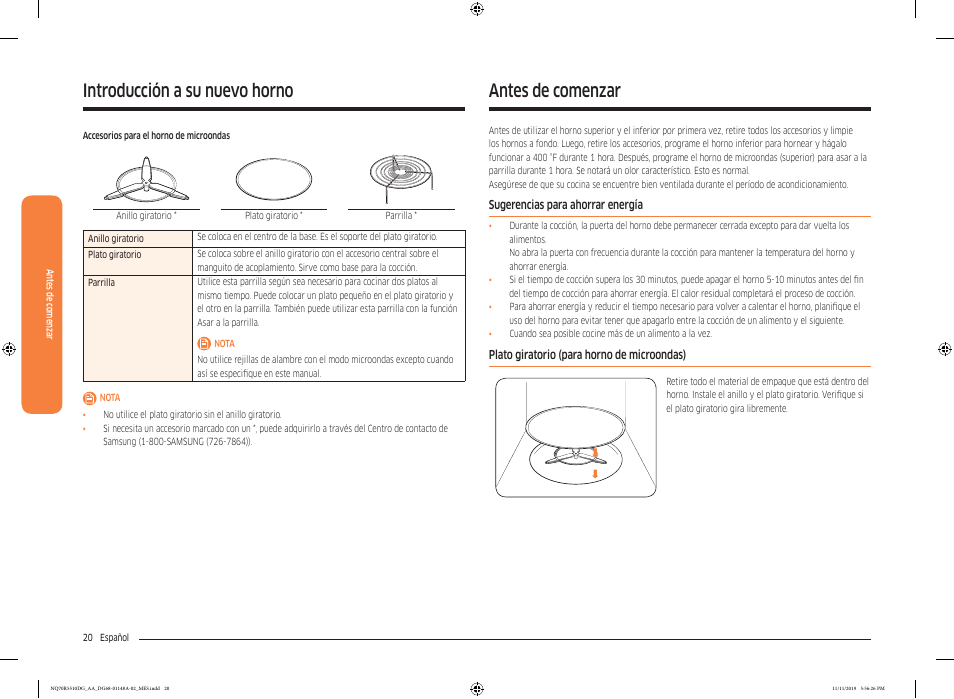 Antes de comenzar, Sugerencias para ahorrar energía, Plato giratorio (para horno de microondas) | Introducción a su nuevo horno | Samsung 30 Inch Microwave Combination Smart Wall Oven Owner Manual User Manual | Page 80 / 180