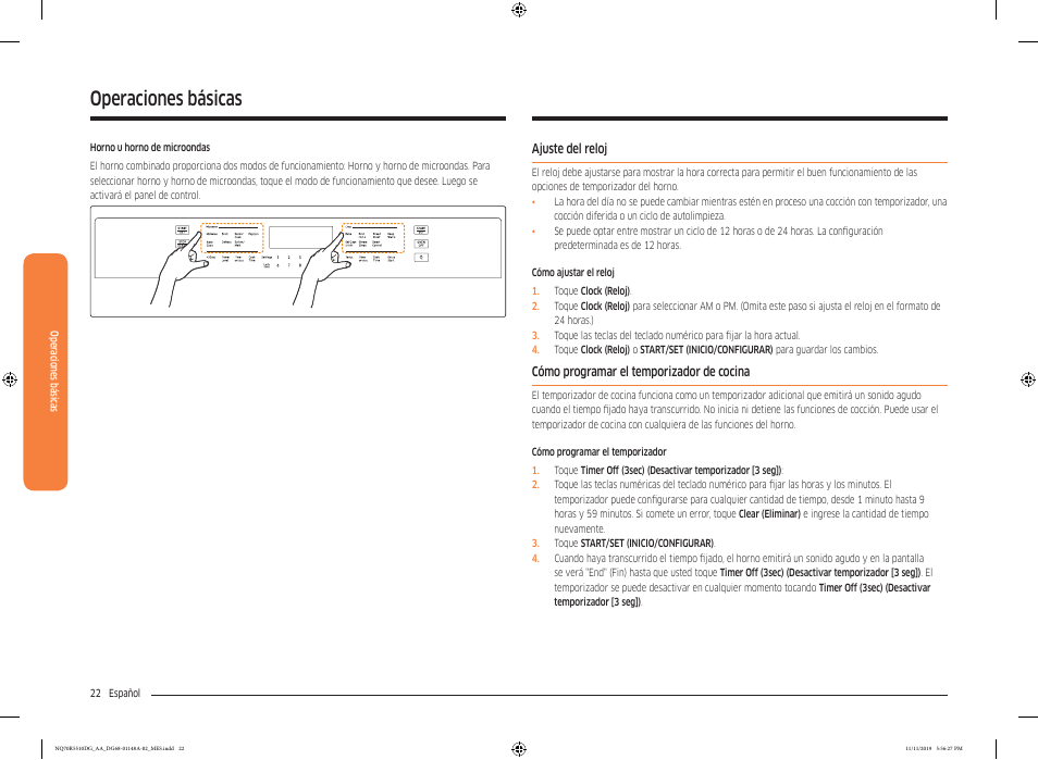 Ajuste del reloj, Cómo programar el temporizador de cocina, Operaciones básicas | Samsung 30 Inch Microwave Combination Smart Wall Oven Owner Manual User Manual | Page 82 / 180