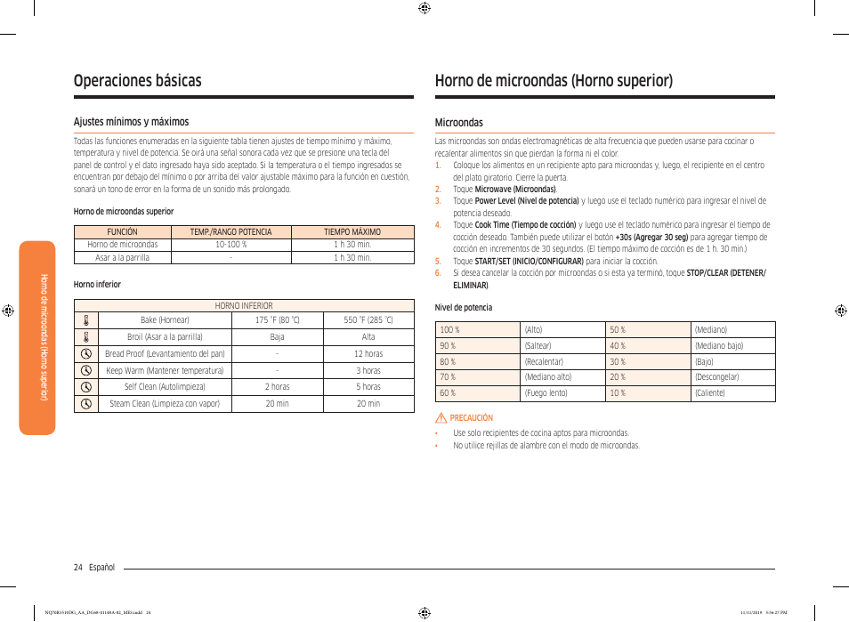 Ajustes mínimos y máximos, Horno de microondas (horno superior), Microondas | Microondas 24, Operaciones básicas | Samsung 30 Inch Microwave Combination Smart Wall Oven Owner Manual User Manual | Page 84 / 180