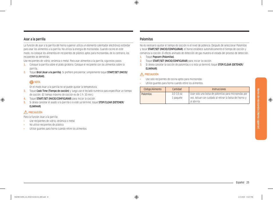 Asar a la parrilla, Palomitas, Palomitas 25 | Samsung 30 Inch Microwave Combination Smart Wall Oven Owner Manual User Manual | Page 85 / 180