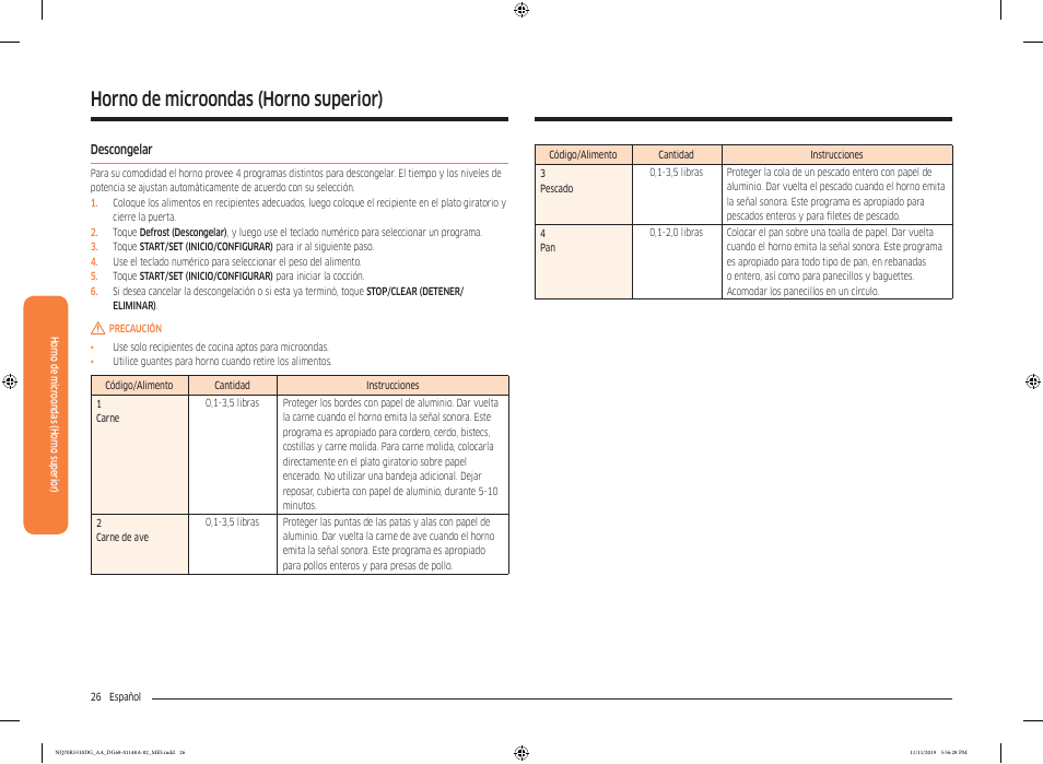 Descongelar, Descongelar 26, Horno de microondas (horno superior) | Samsung 30 Inch Microwave Combination Smart Wall Oven Owner Manual User Manual | Page 86 / 180