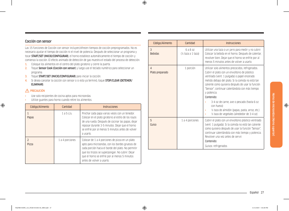 Cocción con sensor | Samsung 30 Inch Microwave Combination Smart Wall Oven Owner Manual User Manual | Page 87 / 180