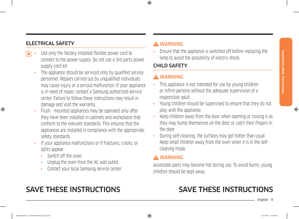 Save these instructions | Samsung 30 Inch Microwave Combination Smart Wall Oven Owner Manual User Manual | Page 9 / 180