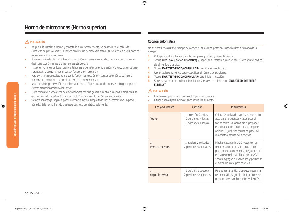 Cocción automática, Horno de microondas (horno superior) | Samsung 30 Inch Microwave Combination Smart Wall Oven Owner Manual User Manual | Page 90 / 180