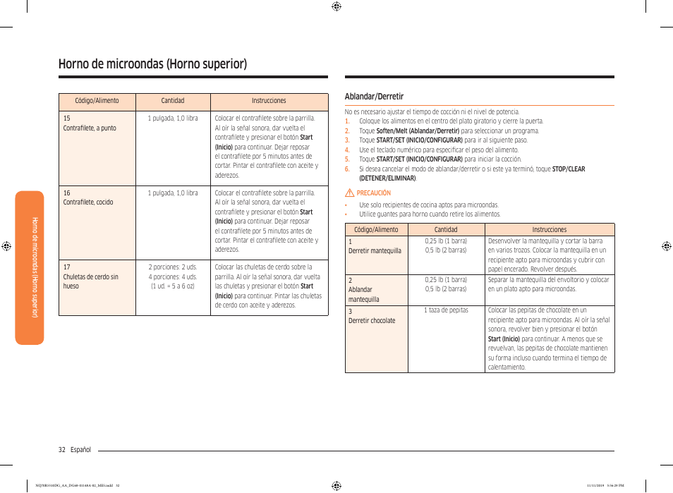Ablandar/derretir, Ablandar/derretir 32, Horno de microondas (horno superior) | Samsung 30 Inch Microwave Combination Smart Wall Oven Owner Manual User Manual | Page 92 / 180