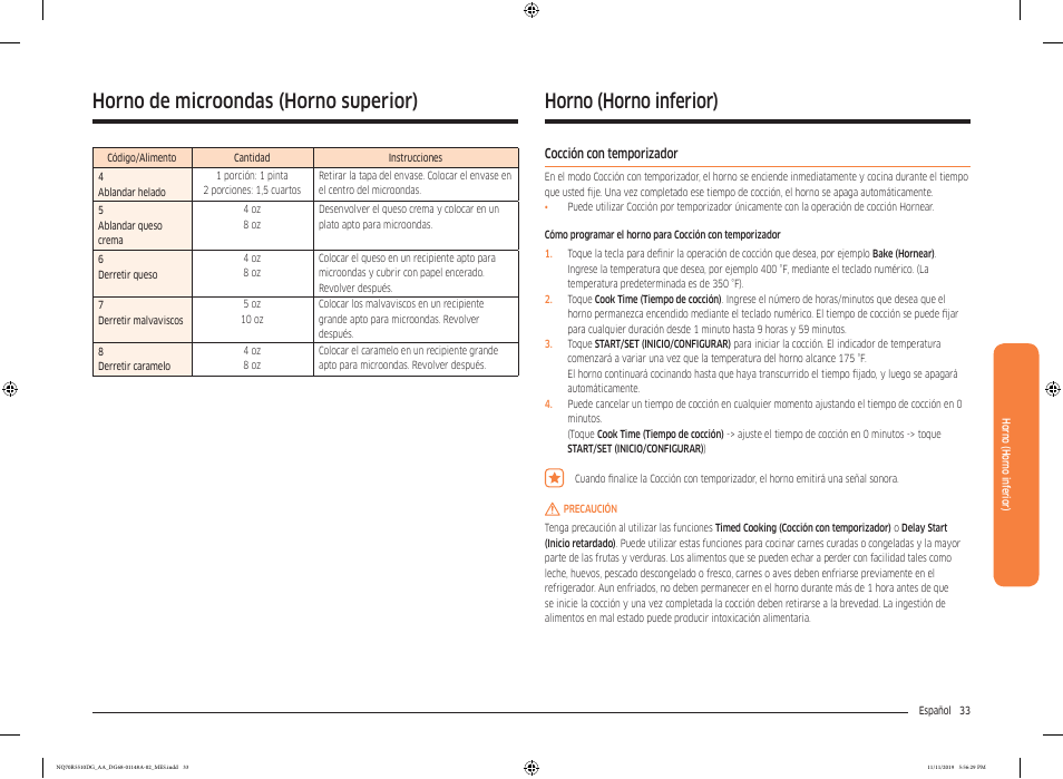 Horno (horno inferior), Cocción con temporizador, Horno de microondas (horno superior) | Samsung 30 Inch Microwave Combination Smart Wall Oven Owner Manual User Manual | Page 93 / 180