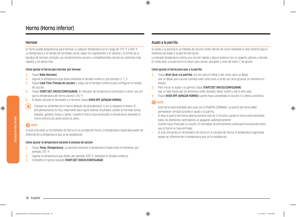 Hornear, Asado a la parrilla, Hornear 36 asado a la parrilla | Horno (horno inferior) | Samsung 30 Inch Microwave Combination Smart Wall Oven Owner Manual User Manual | Page 96 / 180