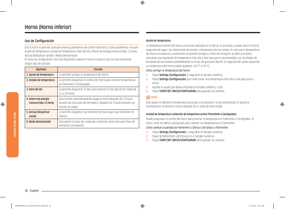 Uso de configuración, Horno (horno inferior) | Samsung 30 Inch Microwave Combination Smart Wall Oven Owner Manual User Manual | Page 98 / 180
