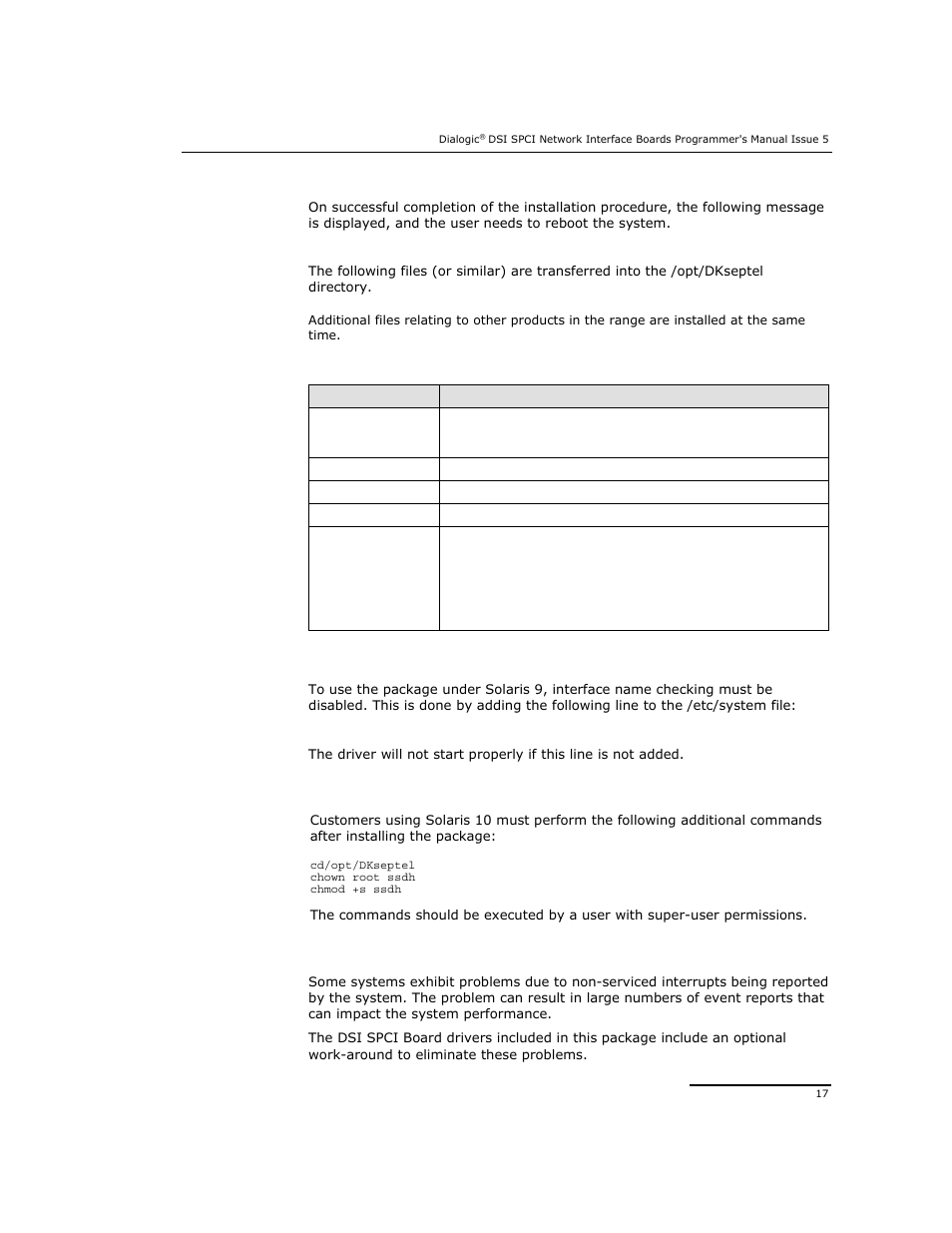 2 solaris 9 - interface name checking, 3 solaris 10 - additional commands, 4 non-serviced interrupts reports | Dialogic DSI SPCI Network Interface Boards User Manual | Page 17 / 111