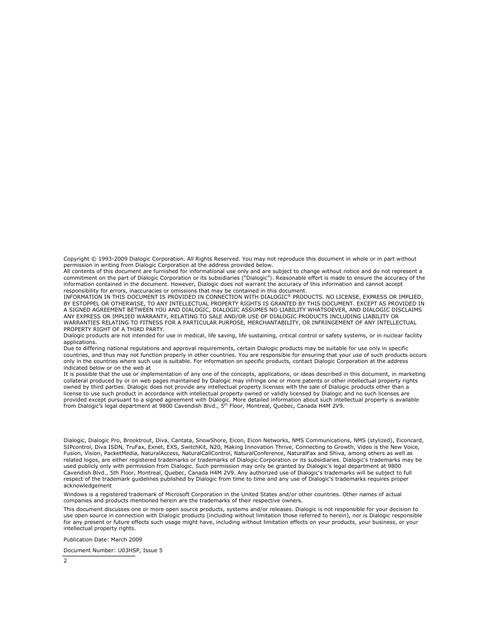 Copyright and legal notice | Dialogic DSI SPCI Network Interface Boards User Manual | Page 2 / 111