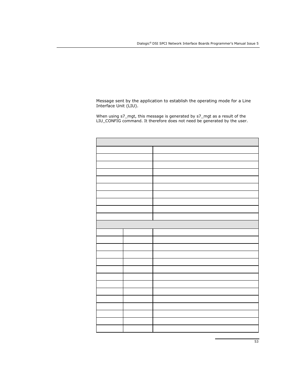 3 hardware control messages, 1 liu configuration request | Dialogic DSI SPCI Network Interface Boards User Manual | Page 53 / 111