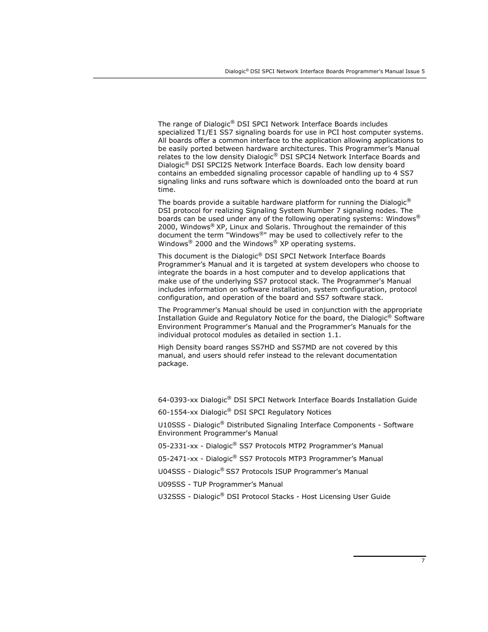 1introduction, 1 related documentation | Dialogic DSI SPCI Network Interface Boards User Manual | Page 7 / 111