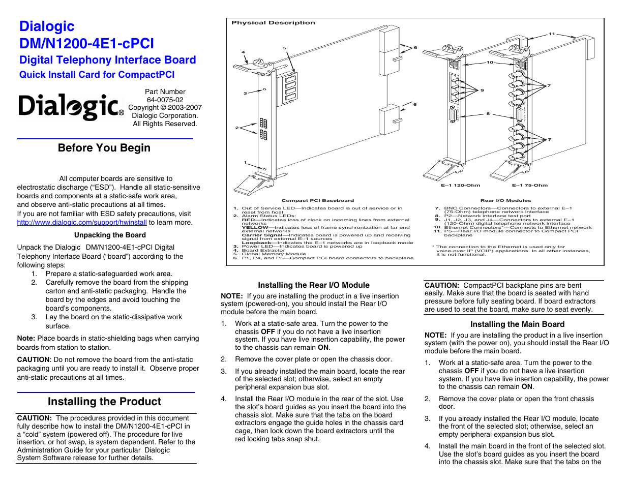 Dialogic DM/N1200-4E1-cPCI User Manual | 2 pages