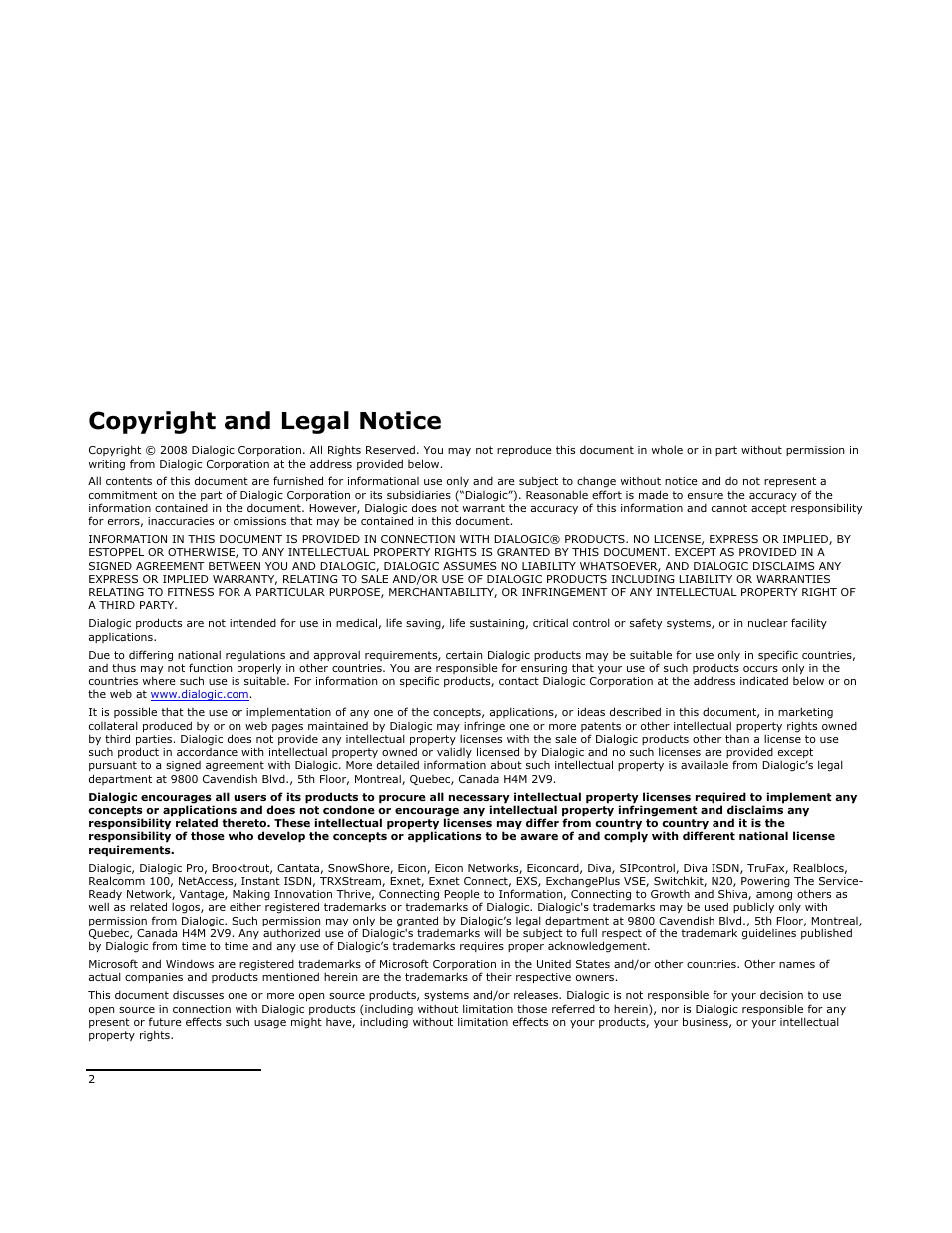 Copyright and legal notice | Dialogic Mitel SX-2000 User Manual | Page 2 / 70