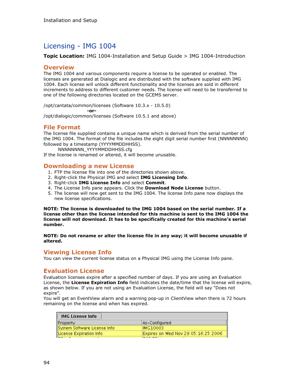 Licensing - img 1004, Overview, File format | Downloading a new license, Viewing license info, Evaluation license | Dialogic IMG 1004 User Manual | Page 102 / 169