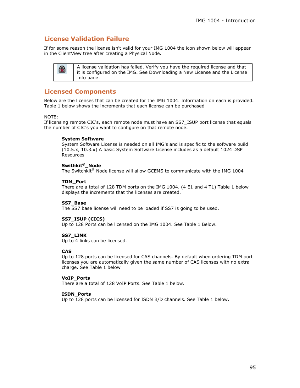 License validation failure, Licensed components | Dialogic IMG 1004 User Manual | Page 103 / 169