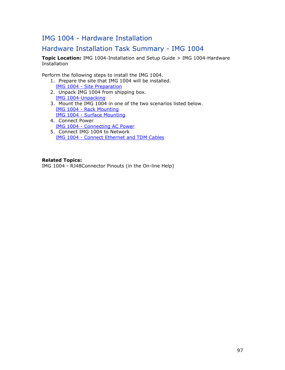 Img 1004 - hardware installation, Hardware installation task summary - img 1004 | Dialogic IMG 1004 User Manual | Page 105 / 169