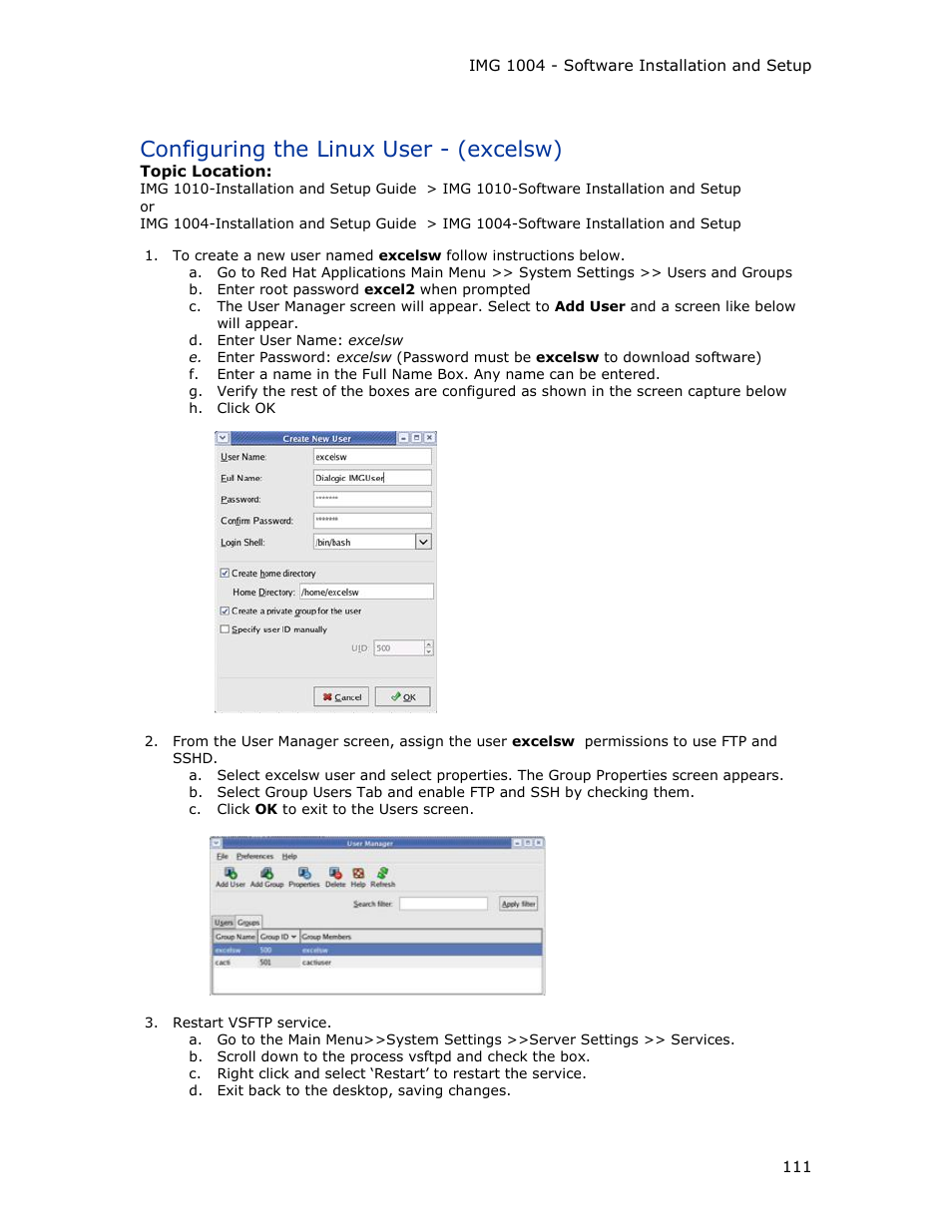Configuring the linux user - (excelsw) | Dialogic IMG 1004 User Manual | Page 119 / 169