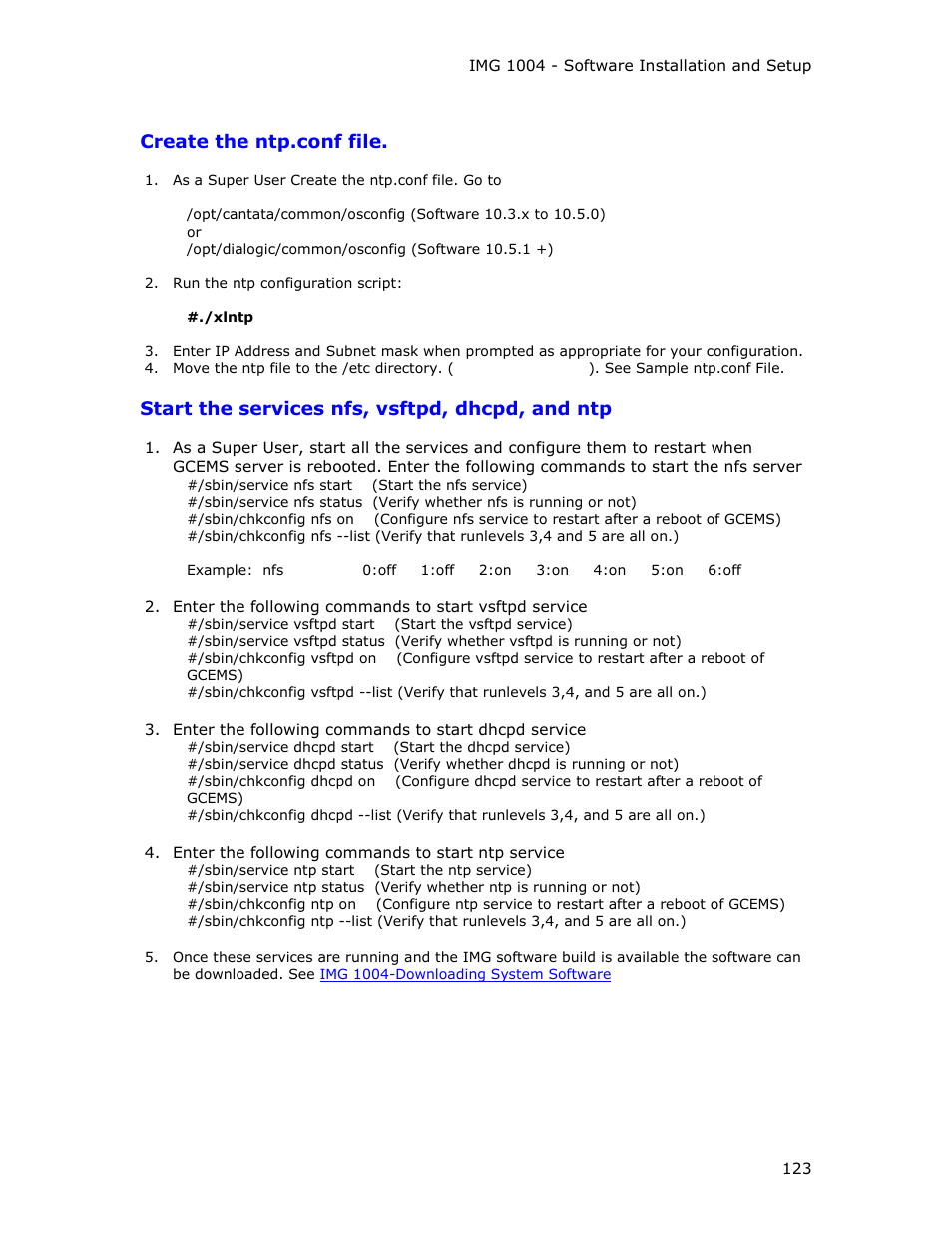Create the ntp.conf file, Start the services nfs, vsftpd, dhcpd, and ntp | Dialogic IMG 1004 User Manual | Page 131 / 169