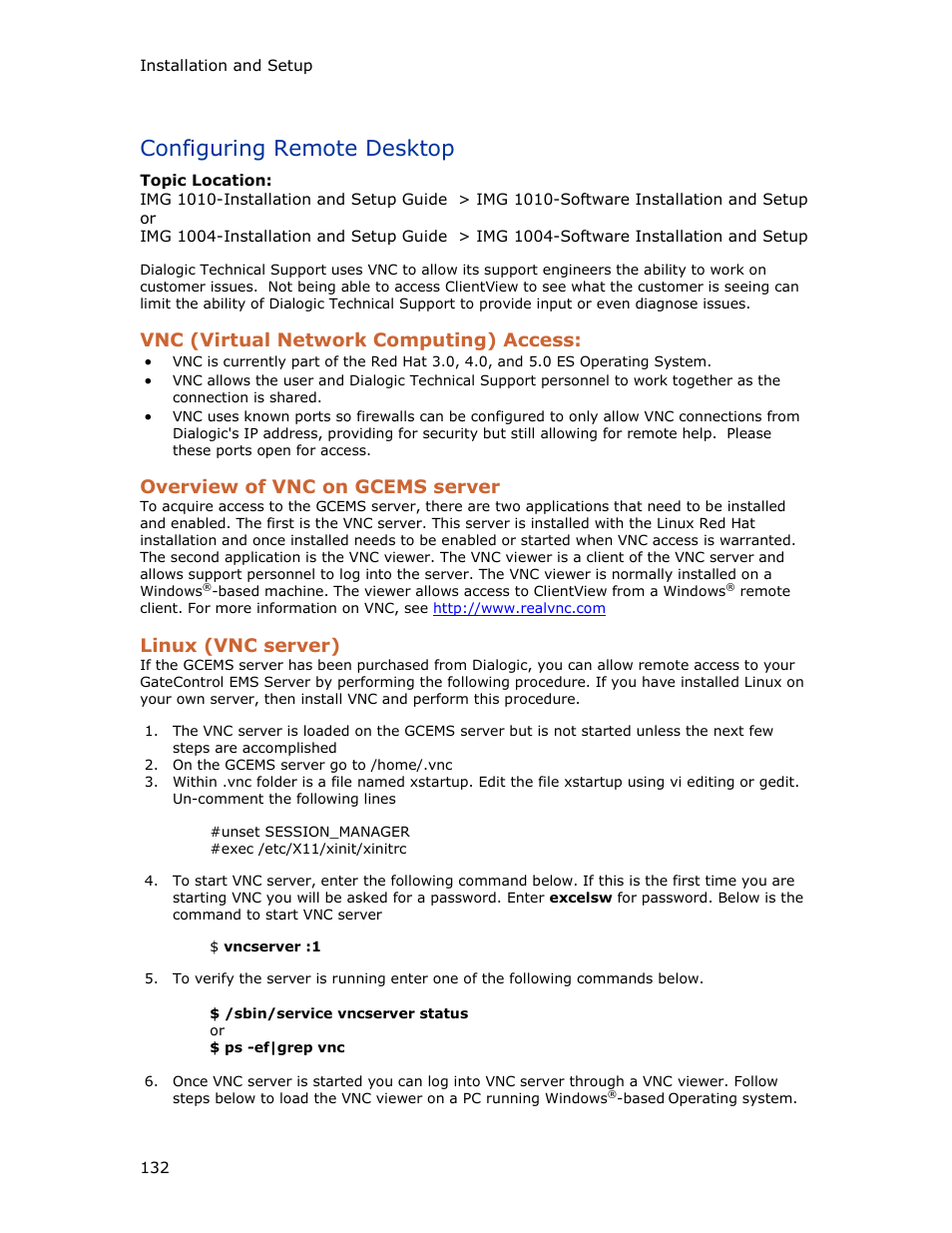 Configuring remote desktop, Vnc (virtual network computing) access, Overview of vnc on gcems server | Linux (vnc server) | Dialogic IMG 1004 User Manual | Page 140 / 169