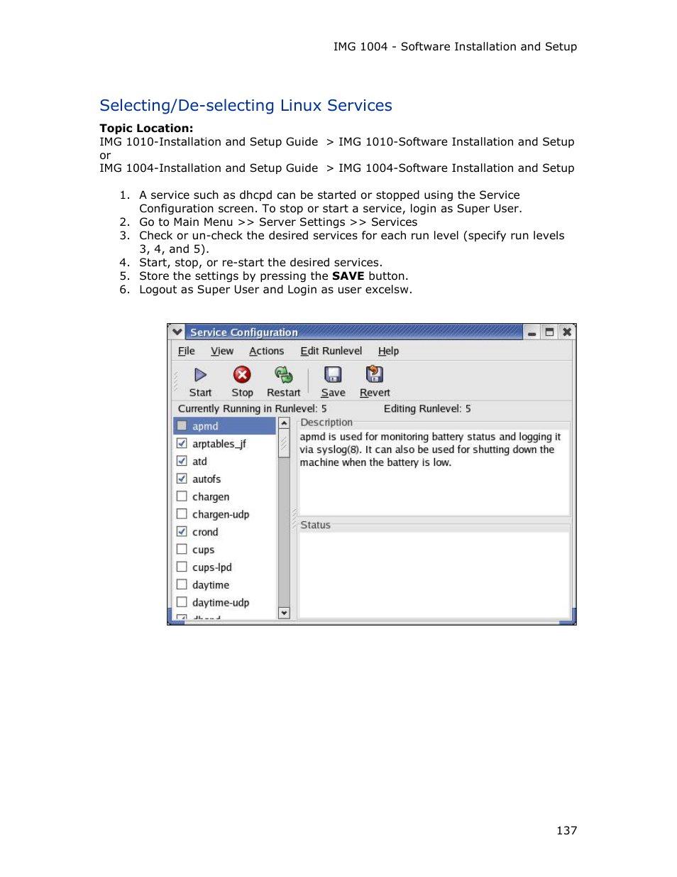 Selecting/de-selecting linux services | Dialogic IMG 1004 User Manual | Page 145 / 169