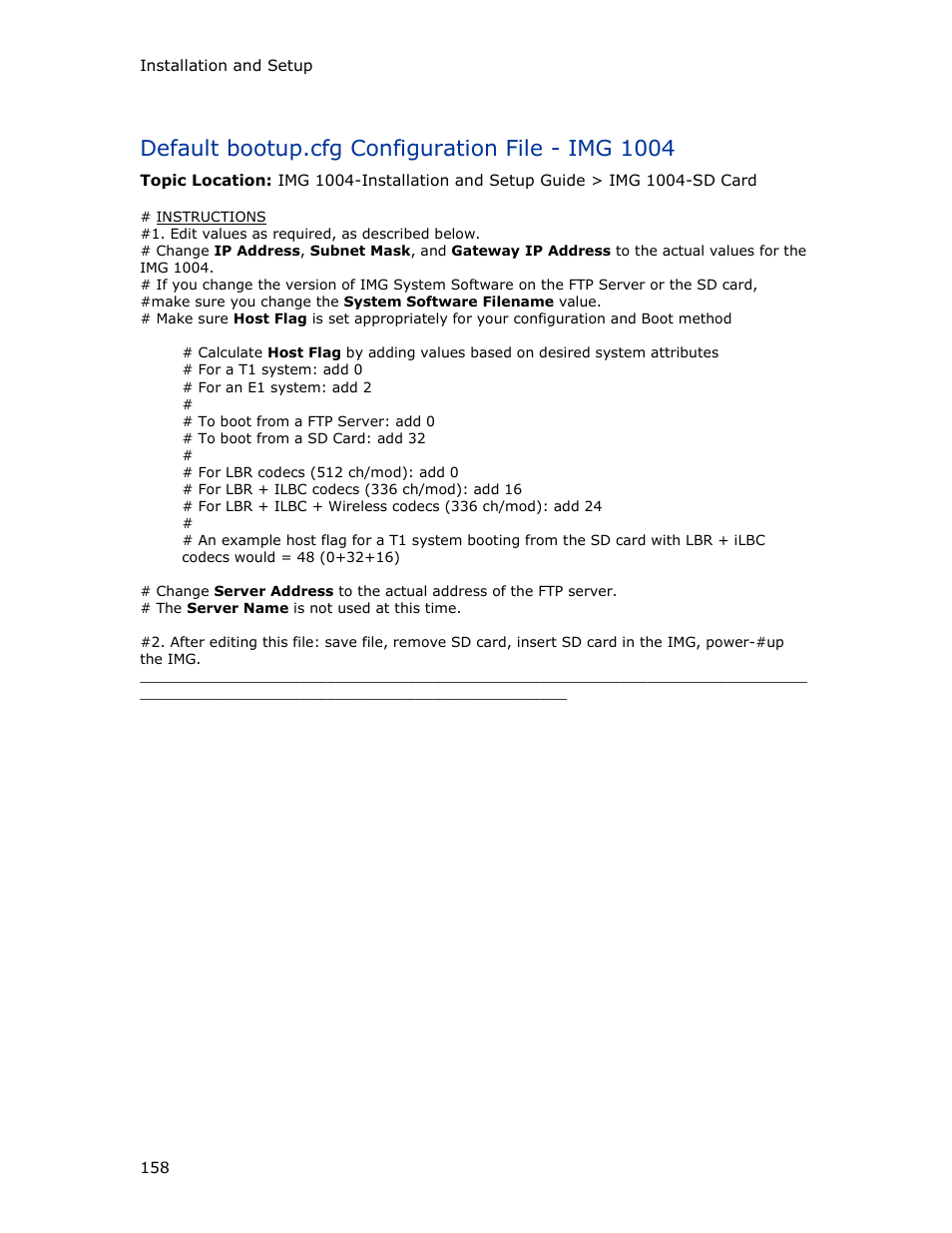 Default bootup.cfg configuration file - img 1004 | Dialogic IMG 1004 User Manual | Page 166 / 169
