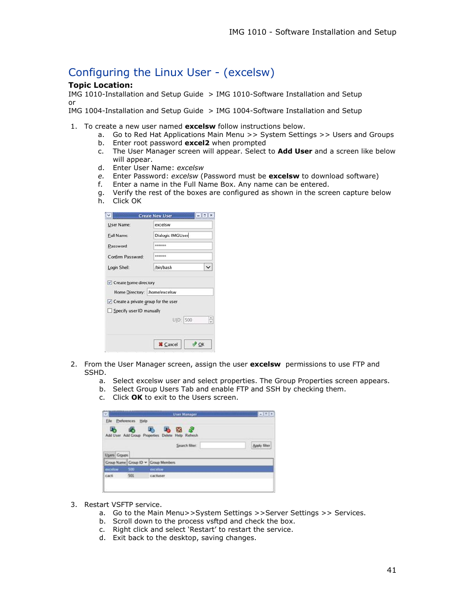 Configuring the linux user - (excelsw) | Dialogic IMG 1004 User Manual | Page 49 / 169