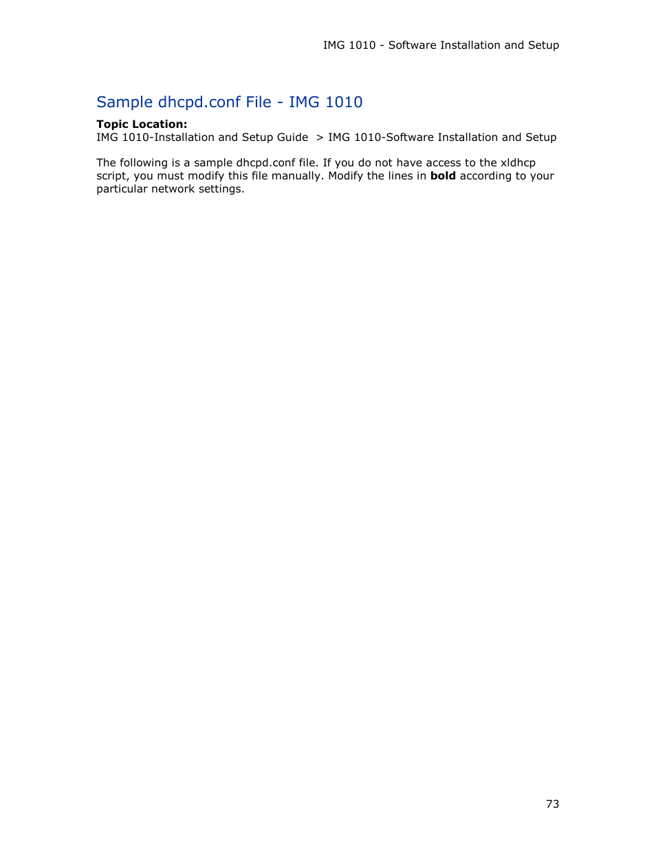Sample dhcpd.conf file - img 1010 | Dialogic IMG 1004 User Manual | Page 81 / 169