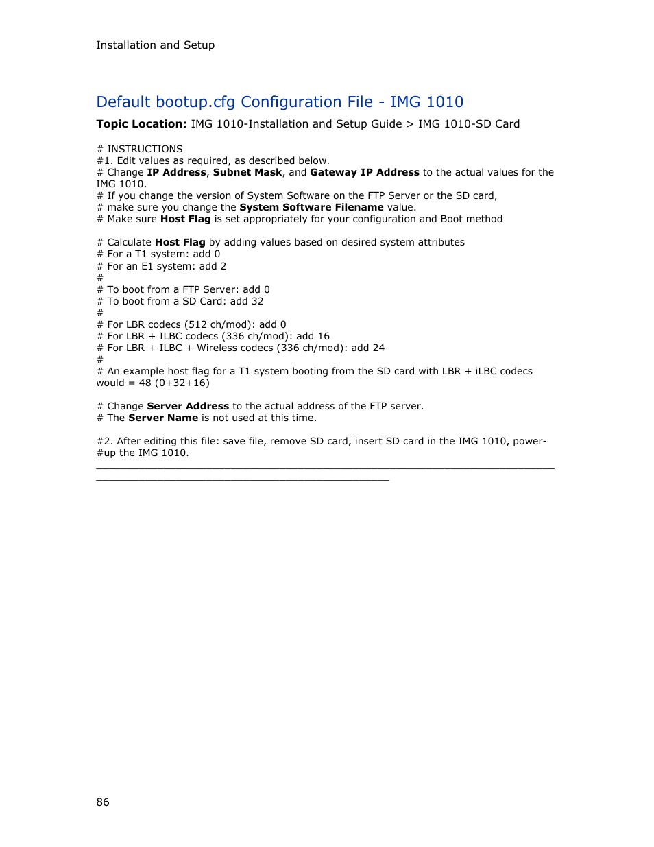 Default bootup.cfg configuration file - img 1010 | Dialogic IMG 1004 User Manual | Page 94 / 169