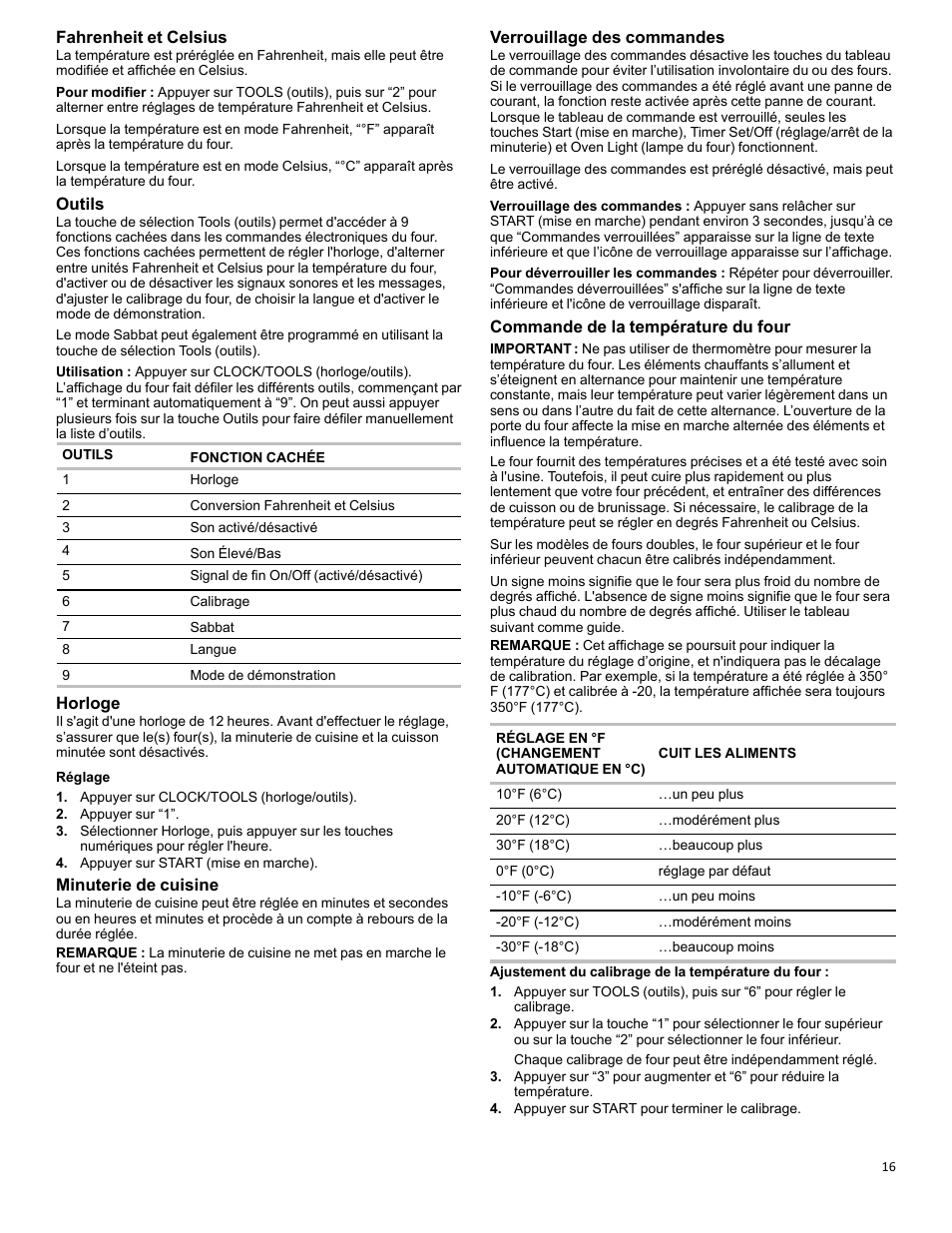 Fahrenheit et celsius, Outils, Horloge | Minuterie de cuisine, Verrouillage des commandes, Commande de la température du four | KITCHENAID 27 Inch Single Convection Electric Wall Oven Control Guide User Manual | Page 16 / 22