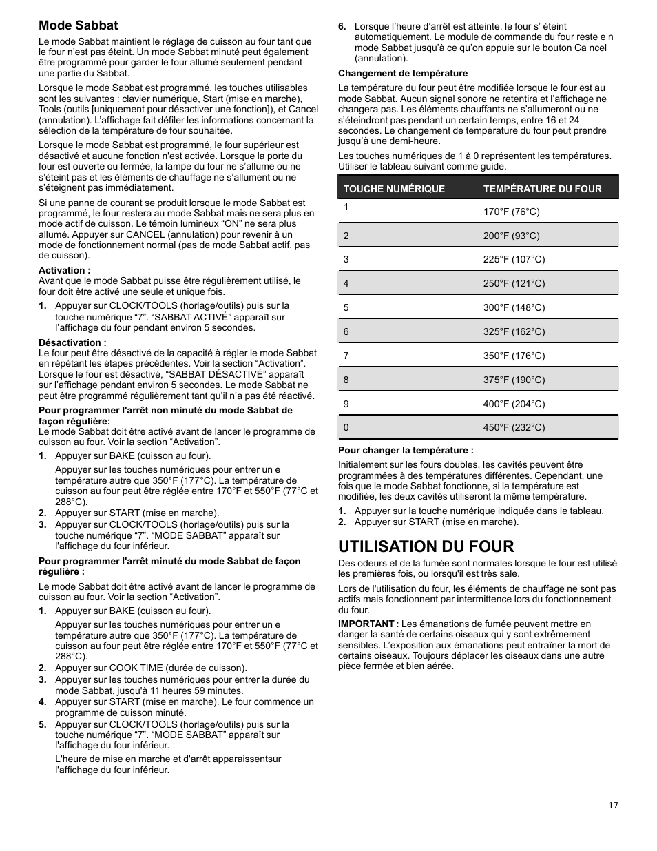 Oven use_cg_wobimw_fr, Utilisation du four, Mode sabbat | KITCHENAID 27 Inch Single Convection Electric Wall Oven Control Guide User Manual | Page 17 / 22