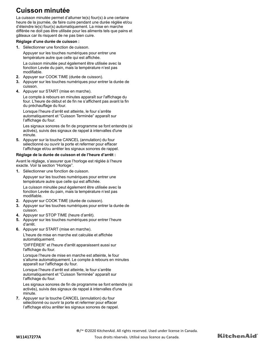 Timed cooking_w10643472_fr, Cuisson minutée | KITCHENAID 27 Inch Single Convection Electric Wall Oven Control Guide User Manual | Page 22 / 22