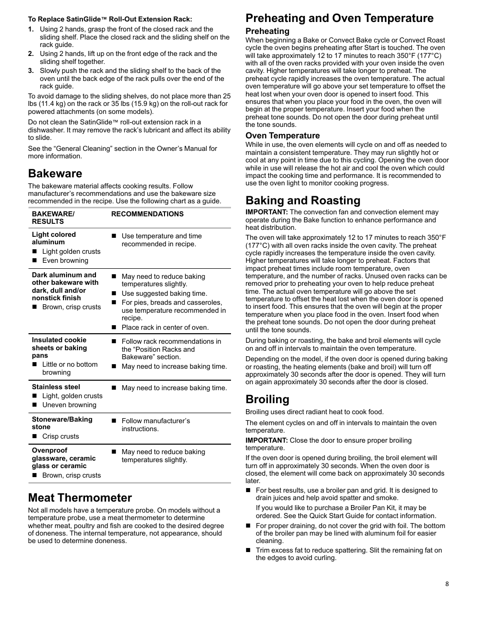 Bakeware_wobimw_cg, Meat thermometer_wobimw_cg, Preheating and oven temp_w10643472 | Baking and roasting_w10643471, Broiling_w10643472, Bakeware, Meat thermometer, Preheating and oven temperature, Baking and roasting, Broiling | KITCHENAID 27 Inch Single Convection Electric Wall Oven Control Guide User Manual | Page 8 / 22