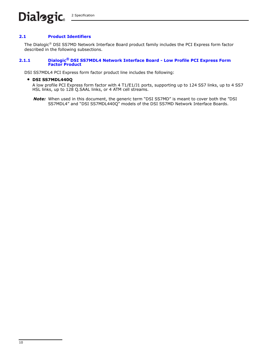 1 product identifiers, Product identifiers 2.1.1, Dialogic | Product identifiers | Dialogic DSI SS7MD User Manual | Page 10 / 191